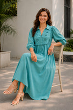Load image into Gallery viewer, Sea green Corchet lace shirt dress