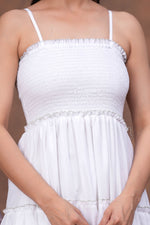Load image into Gallery viewer, Sencei Women White & Grey Tiered Cotton Spaghetti-Strap Maxi Dress