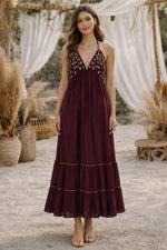 Load image into Gallery viewer, azara wine backless emb rayon dress