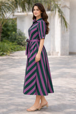 Load image into Gallery viewer, Purple And Green Striped Pure Cotton Midi Shirt Dress