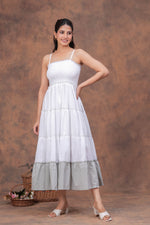 Load image into Gallery viewer, Sencei Women White & Grey Tiered Cotton Spaghetti-Strap Maxi Dress
