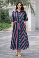 Load image into Gallery viewer, Purple And Green Striped Pure Cotton Midi Shirt Dress