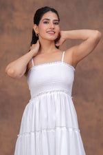 Load image into Gallery viewer, Sencei Women White & Grey Tiered Cotton Spaghetti-Strap Maxi Dress