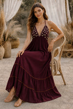 Load image into Gallery viewer, azara wine backless emb rayon dress