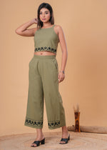 Load image into Gallery viewer, Sencei Olive Green Cotton Slub Embroidered Co-ord Set
