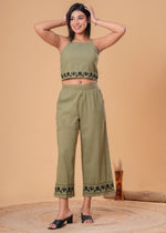 Load image into Gallery viewer, Sencei Olive Green Cotton Slub Embroidered Co-ord Set
