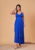 Load image into Gallery viewer, Sencei Women’s Royal Blue Embroidered Rayon Tiered Maxi Dress