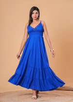 Load image into Gallery viewer, Sencei Women’s Royal Blue Embroidered Rayon Tiered Maxi Dress