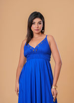 Load image into Gallery viewer, Sencei Women’s Royal Blue Embroidered Rayon Tiered Maxi Dress