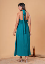 Load image into Gallery viewer, Sencei Teal Green Embellished Halter Neck Rayon Maxi Dress