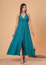 Load image into Gallery viewer, Sencei Teal Green Embellished Halter Neck Rayon Maxi Dress