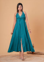 Load image into Gallery viewer, Sencei Teal Green Embellished Halter Neck Rayon Maxi Dress