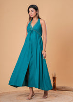 Load image into Gallery viewer, Sencei Teal Green Embellished Halter Neck Rayon Maxi Dress