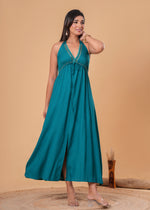 Load image into Gallery viewer, Sencei Teal Green Embellished Halter Neck Rayon Maxi Dress