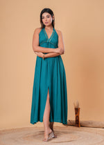 Load image into Gallery viewer, Sencei Teal Green Embellished Halter Neck Rayon Maxi Dress