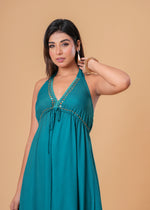 Load image into Gallery viewer, Sencei Teal Green Embellished Halter Neck Rayon Maxi Dress