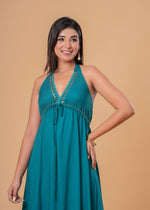 Load image into Gallery viewer, Sencei Teal Green Embellished Halter Neck Rayon Maxi Dress