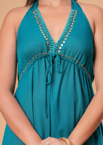 Load image into Gallery viewer, Sencei Teal Green Embellished Halter Neck Rayon Maxi Dress
