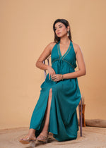 Load image into Gallery viewer, Sencei Teal Green Embellished Halter Neck Rayon Maxi Dress