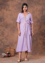 Load image into Gallery viewer, Sencei Lavender Cotton Slub Embroidered Belted Midi Shirt Dress