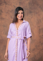 Load image into Gallery viewer, Sencei Lavender Cotton Slub Embroidered Belted Midi Shirt Dress