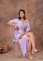 Load image into Gallery viewer, Sencei Lavender Cotton Slub Embroidered Belted Midi Shirt Dress