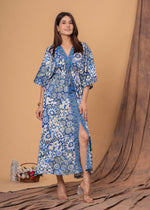 Load image into Gallery viewer, Sencei Women's Silk Printed Kaftan Maxi Dress | Elegant V-Neck Kimono Sleeve Lounge Wear for Summer & Resort