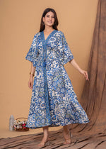 Load image into Gallery viewer, Sencei Women's Silk Printed Kaftan Maxi Dress | Elegant V-Neck Kimono Sleeve Lounge Wear for Summer & Resort