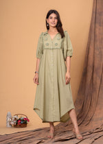 Load image into Gallery viewer, Sencei Puff Sleeve Cotton Button-Down Midi Dress