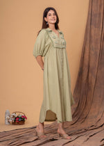 Load image into Gallery viewer, Sencei Puff Sleeve Cotton Button-Down Midi Dress