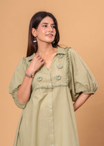 Load image into Gallery viewer, Sencei Puff Sleeve Cotton Button-Down Midi Dress