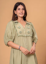 Load image into Gallery viewer, Sencei Puff Sleeve Cotton Button-Down Midi Dress