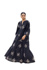 Load image into Gallery viewer, Sencei Women's Black Cotton Embroidered A-Line Kurta Dress