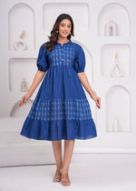 Load image into Gallery viewer, Sencei Women's Katha Cotton Handcrafted Fit and Flare Midi Dress with Puff Sleeves β Indigo Blue