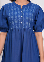 Load image into Gallery viewer, Sencei Women's Katha Cotton Handcrafted Fit and Flare Midi Dress with Puff Sleeves β Indigo Blue