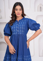 Load image into Gallery viewer, Sencei Women's Katha Cotton Handcrafted Fit and Flare Midi Dress with Puff Sleeves β Indigo Blue