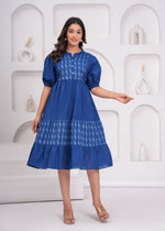 Load image into Gallery viewer, Sencei Women's Katha Cotton Handcrafted Fit and Flare Midi Dress with Puff Sleeves β Indigo Blue