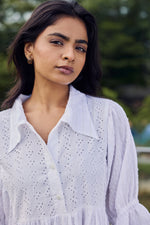 Load image into Gallery viewer, Sencei Women's Cotton Dobby White Maxi Dress with Ruffle Sleeves & Eyelet Detail – Summer Casual Long Dress