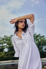 Load image into Gallery viewer, Sencei Women's Cotton Dobby White Maxi Dress with Ruffle Sleeves & Eyelet Detail – Summer Casual Long Dress