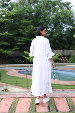 Load image into Gallery viewer, Sencei Women's Cotton Dobby White Maxi Dress with Ruffle Sleeves & Eyelet Detail – Summer Casual Long Dress