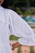 Load image into Gallery viewer, Sencei Women's Cotton Dobby White Maxi Dress with Ruffle Sleeves & Eyelet Detail – Summer Casual Long Dress