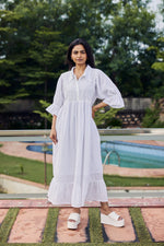 Load image into Gallery viewer, Sencei Women's Cotton Dobby White Maxi Dress with Ruffle Sleeves & Eyelet Detail – Summer Casual Long Dress