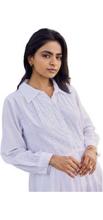 Load image into Gallery viewer, Sencei Chic Cotton Dobby Dress for Women – White Embroidered Shirt Dress with Flared Hem & Short Dress