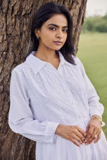 Load image into Gallery viewer, Sencei Chic Cotton Dobby Dress for Women – White Embroidered Shirt Dress with Flared Hem & Short Dress