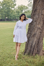 Load image into Gallery viewer, Sencei Chic Cotton Dobby Dress for Women – White Embroidered Shirt Dress with Flared Hem & Short Dress