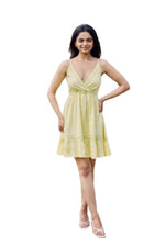 Load image into Gallery viewer, Sencei Women's Yellow Cotton Mini Dress – Sleeveless Fit & Flare Dress with Lace Trim and Spaghetti Straps