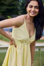 Load image into Gallery viewer, Sencei Women's Yellow Cotton Mini Dress – Sleeveless Fit & Flare Dress with Lace Trim and Spaghetti Straps
