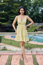 Load image into Gallery viewer, Sencei Women's Yellow Cotton Mini Dress – Sleeveless Fit & Flare Dress with Lace Trim and Spaghetti Straps