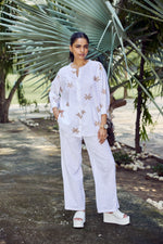 Load image into Gallery viewer, Sencei Women's Cotton Linen Co-ord Set | Embroidered Floral Kurta & Pant Set | Lightweight Summer Lounge Wear