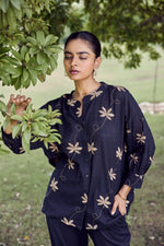 Load image into Gallery viewer, Sencei Women's Cotton Linen Co-Ord Set | Hand Embroidered Floral Top and Pant Set | Relaxed Fit Casual Wear (Black)